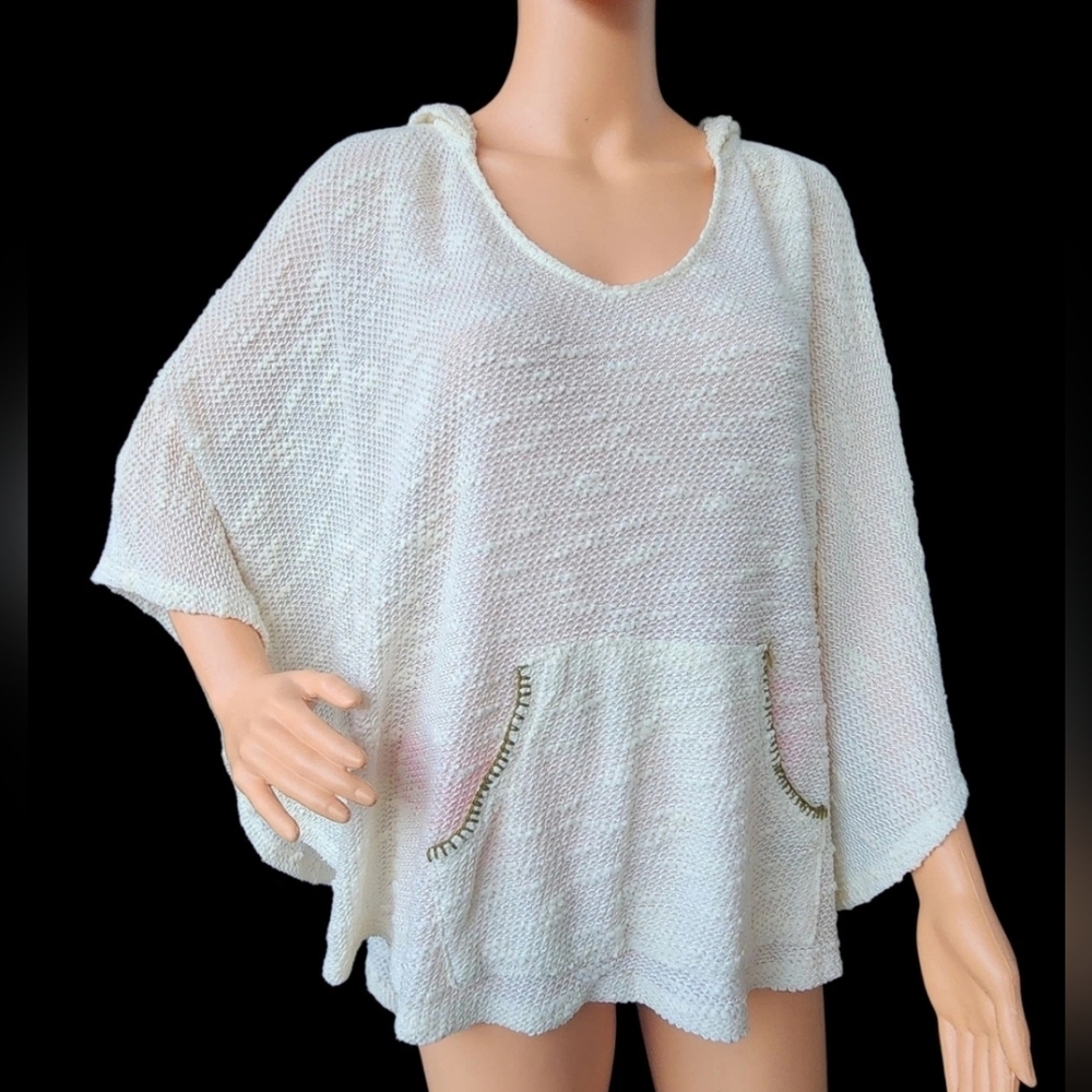 Forever 21 Cream Open-Knit Poncho with Hood